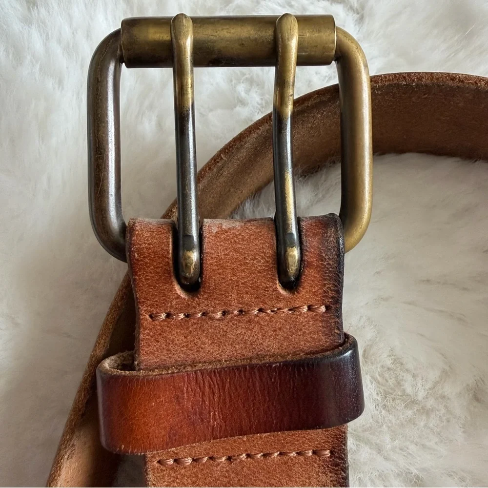 Vintage Distressed Leather Belt Solid Brass Double Prong Buckle Brown Size 34